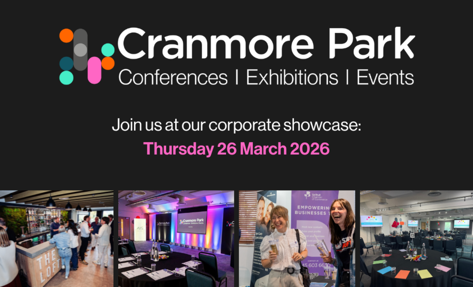Cranmore Park logo with text promoting a corporate showcase event on Thursday, March 26, 2026. Features images of a conference space, people networking, and event setups.