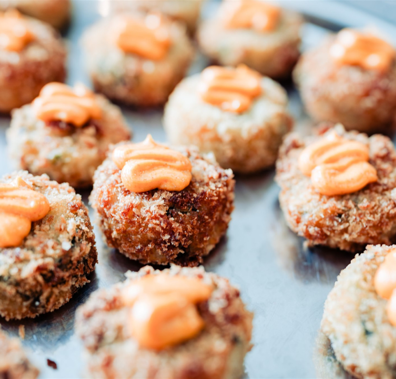 canapes on a metal tray