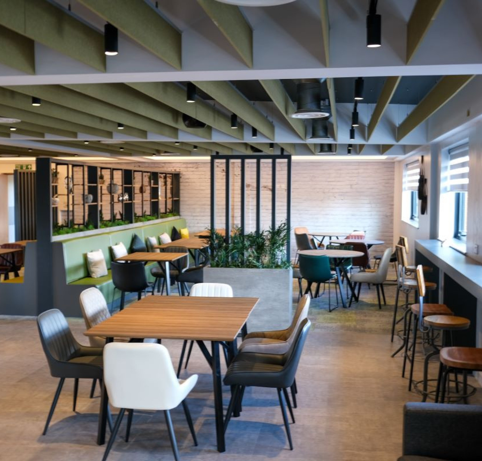 A modern café interior featuring a variety of wooden tables and chairs, with a mix of colors and styles. Green ceiling panels and plants add a touch of nature, and large windows allow natural light to fill the space.