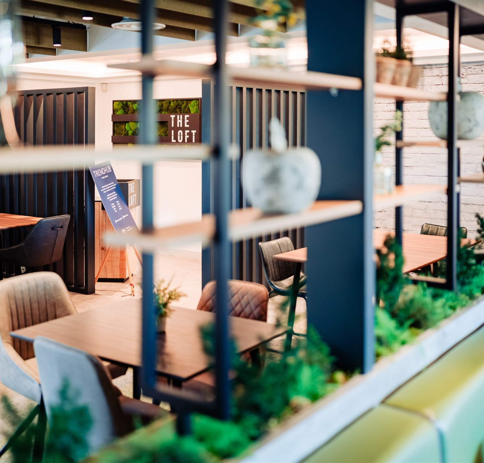 looking through shelving at a modern space