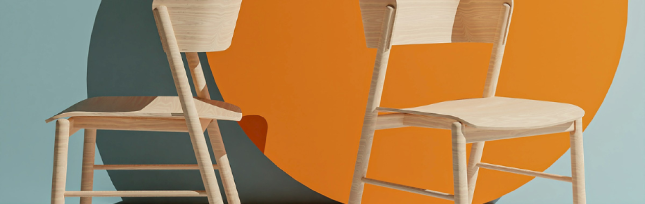 Two minimalist wooden chairs are positioned in front of a large orange circle against a pale blue background.