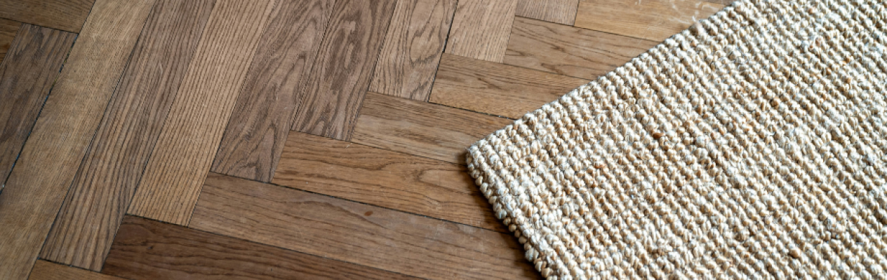 A textured woven rug rests on a wooden floor with a herringbone pattern. The contrasting materials create an inviting and warm atmosphere.