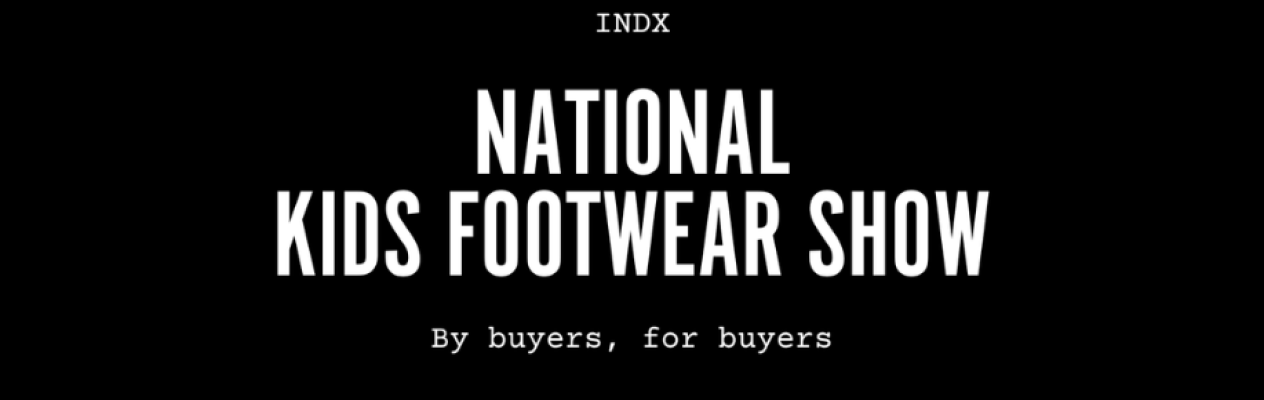 Text promoting the National Kids Footwear Show, emphasizing it is by buyers, for buyers, set against a black background.