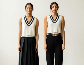 Two women stand side by side, both wearing sleeveless white sweaters with navy stripes and matching black high-waisted trousers. The woman on the left has a slightly longer sweater, and they both have long hair styled casually. The background is plain and light-colored.