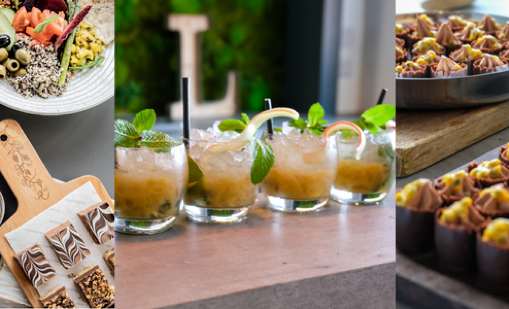 A beautifully arranged spread of gourmet food, featuring a variety of colorful fruits, vegetables, and desserts. Cocktails with mint and straws are showcased in the center, and an assortment of chocolate desserts with vibrant toppings is displayed on the right.