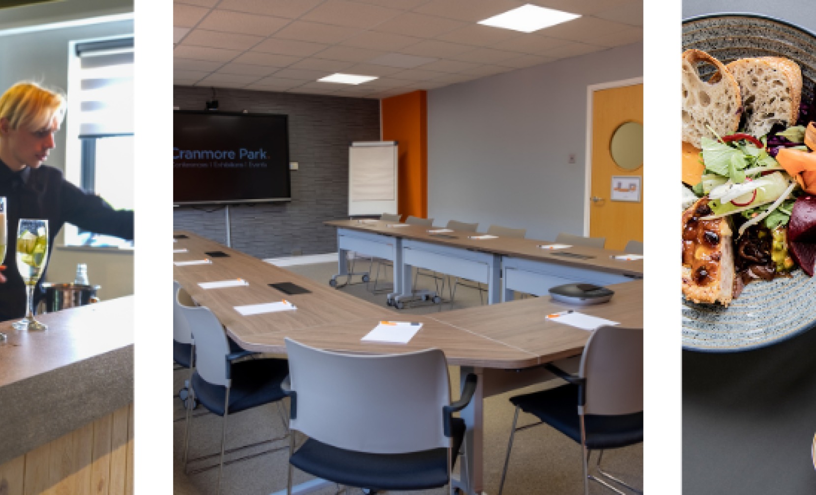 photo banner shwoing cocktails on a bar, a meeting room and a flatlay of delicious looking food