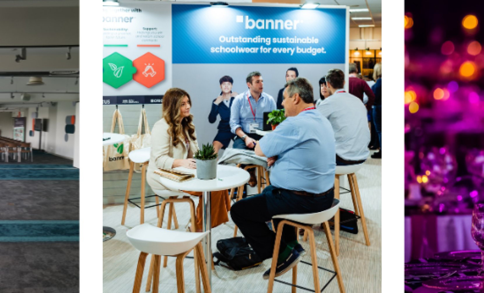 a banner showing a large conference room, people sat at tall tables at a corporate event and a dinner table set up with mood lighting