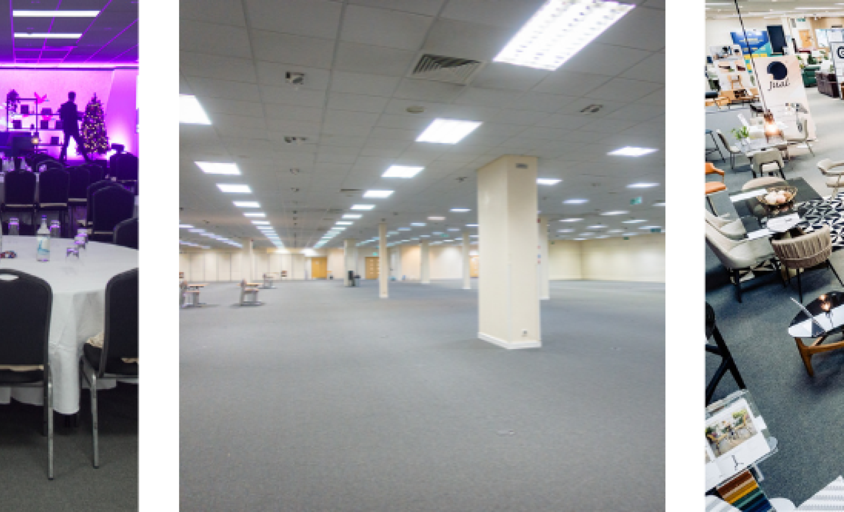 A large event space featuring round tables set for dining, an empty convention hall with beige walls and grey carpet, and a well-decorated furniture showroom displaying various styles of tables and chairs.