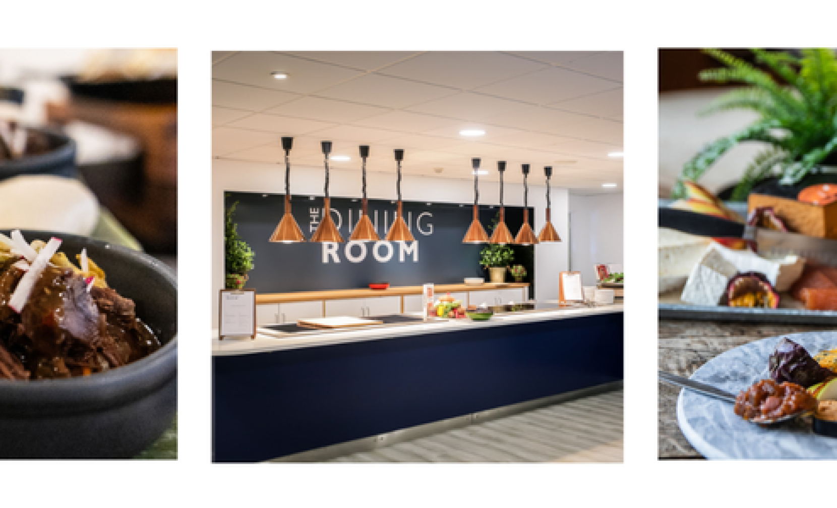 banner with small plated food and dining room