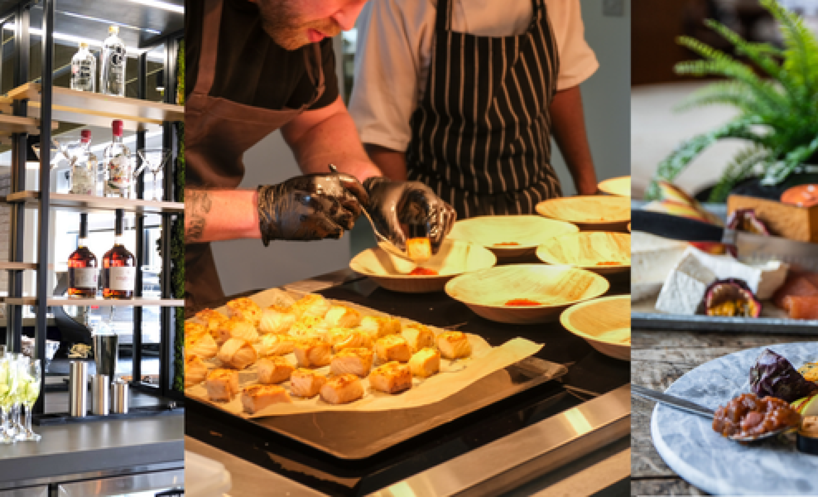 A stylish bar displaying various bottles and glasses, a chef meticulously plating appetizers, and a beautifully arranged cheese platter with fruits and nuts.