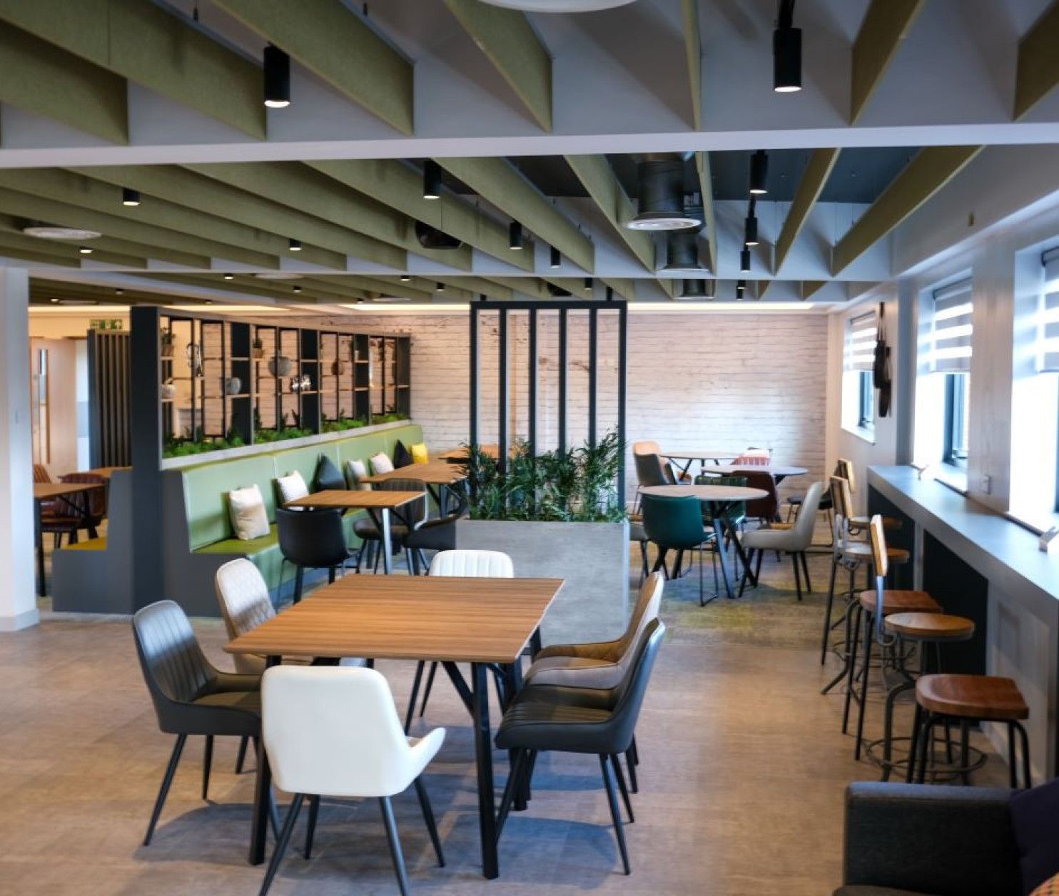 A modern café interior featuring a variety of wooden tables and chairs, with a mix of colors and styles. Green ceiling panels and plants add a touch of nature, and large windows allow natural light to fill the space.