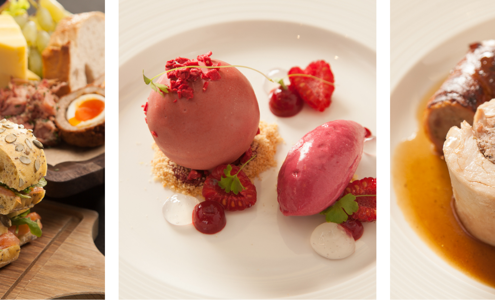 A beautifully arranged platter featuring a variety of sandwiches and cheeses, a dessert with raspberry sorbet and fresh berries, and a plate of sliced meat with vegetables and sauce.