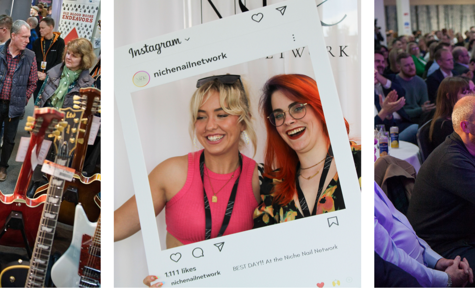 A collage featuring three scenes: a bustling music store filled with guitars and shoppers browsing, two women posing playfully with an Instagram frame at an event, and a large audience attentively listening during a presentation at a conference.
