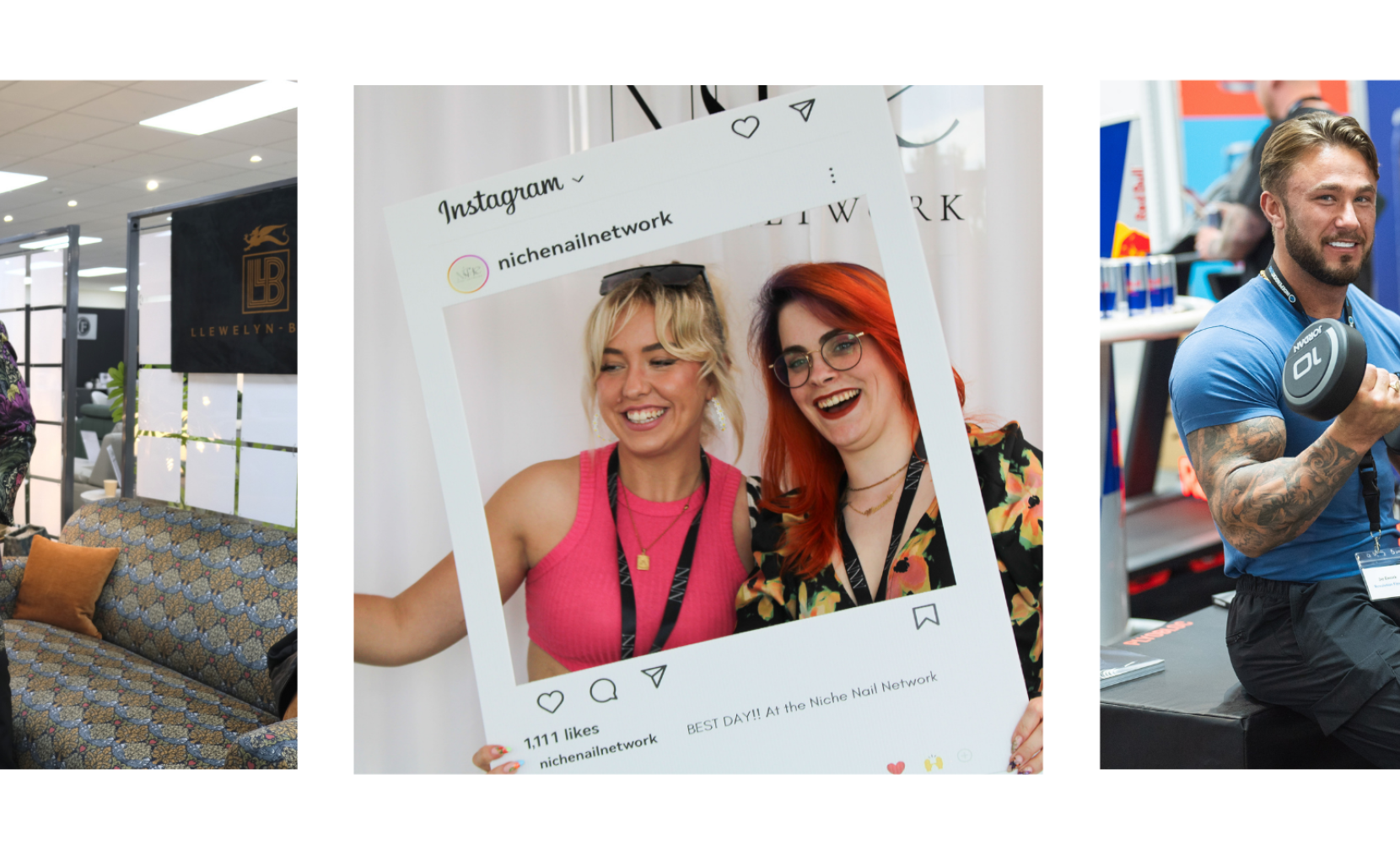 A man in a colorful outfit poses with a musical instrument in a stylish setting. Two women smile for a photo as they hold a large Instagram frame. A muscular man lifts dumbbells and smiles at the camera in a fitness-themed environment.