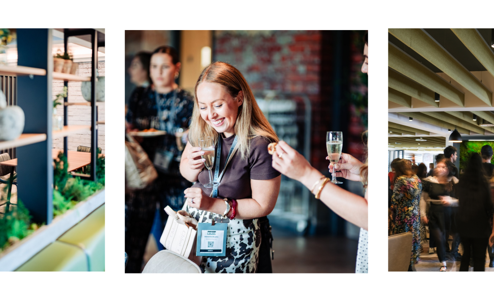 A vibrant venue featuring a stylish dining area with lush green decor, a woman joyfully celebrating while holding a drink, and a lively crowd mingling in a modern space.