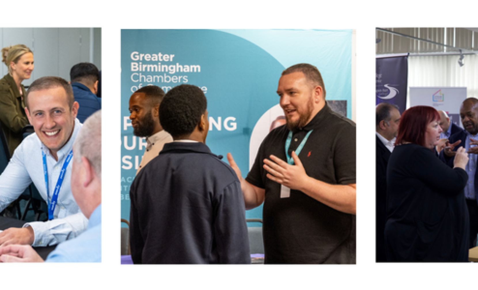 Three scenes from a networking event. The first shows two people smiling and chatting at a table. The second features a man engaging with a young boy while standing beside a branded backdrop. The third captures a group of professionals in conversation, exchanging ideas and networking.