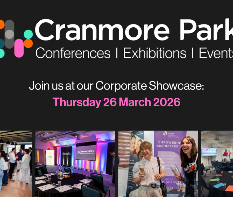 Promotional banner for Cranmore Park showcasing their corporate events. Includes the date for a corporate showcase on Thursday, March 26, 2026, with images of event setups and attendees enjoying the venue.