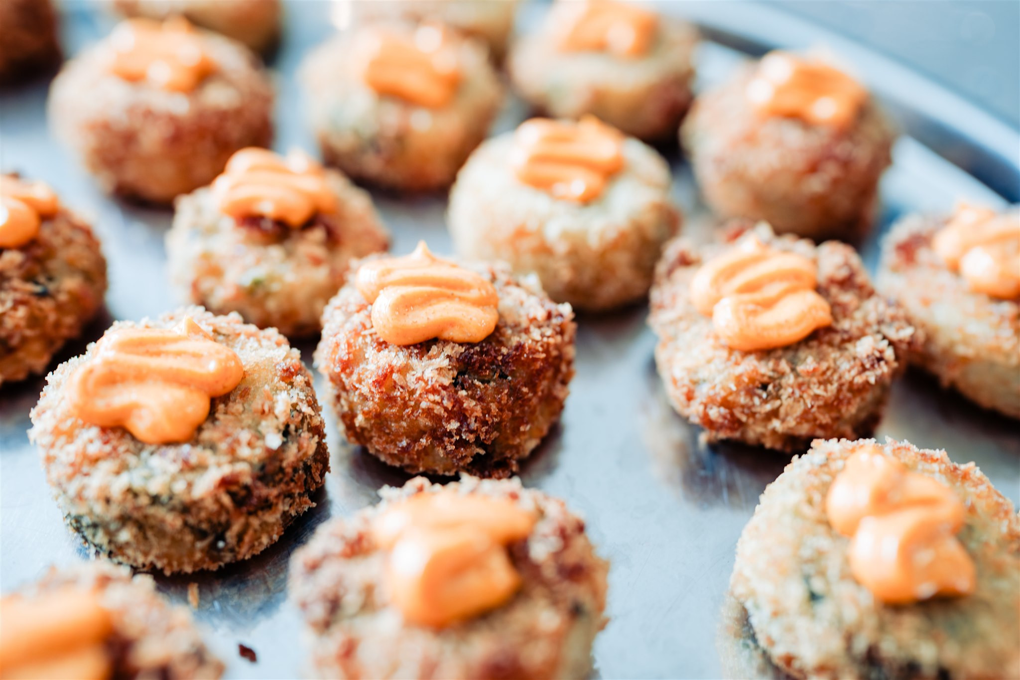 canapes on a metal tray
