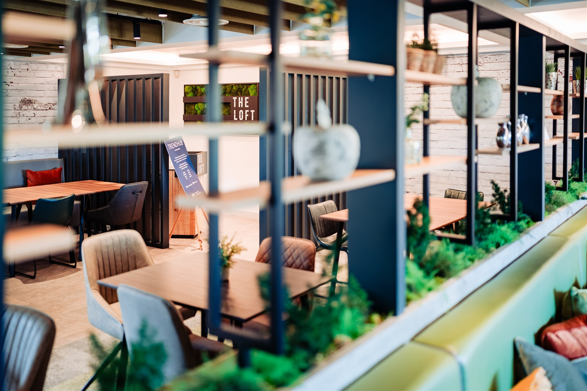 looking through shelving at a modern space