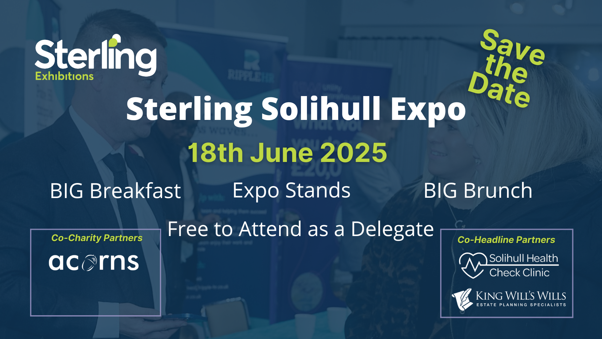 Event promotional graphic for the Sterling Solihull Expo on June 18, 2025. It features the event title, date, and highlights like 
